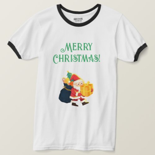 Merry Christmas Celebration Wishes Printed Ringer  T_Shirt