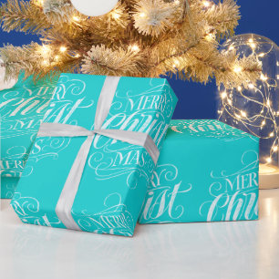 Merry Christmas Chalk Calligraphy Teal Blue Script Wrapping Paper