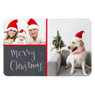 Merry Christmas Chalk Design Double Photo Holiday Magnet