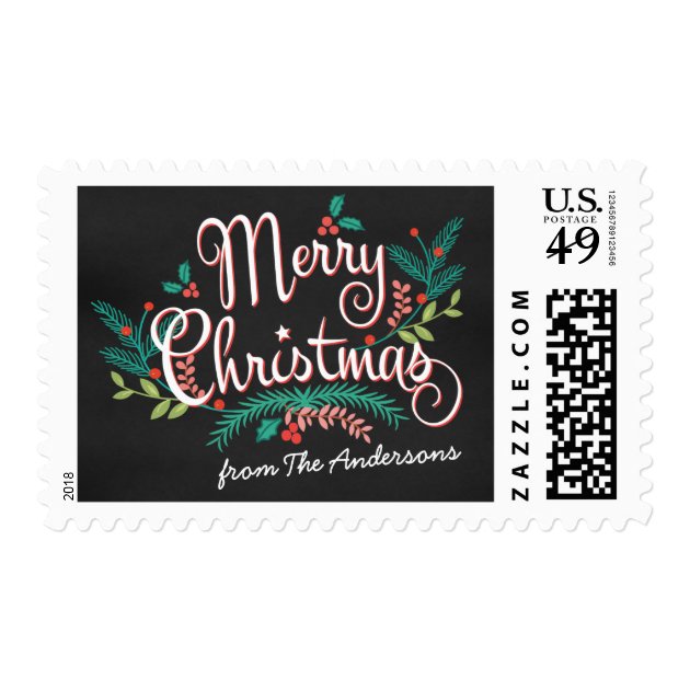 MERRY CHRISTMAS CHALKBOARD FLOWERS AND HOLLY POSTAGE