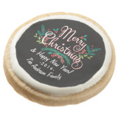 MERRY CHRISTMAS CHALKBOARD HOLLY AND BRANCHES ROUND SHORTBREAD COOKIE (Angled)