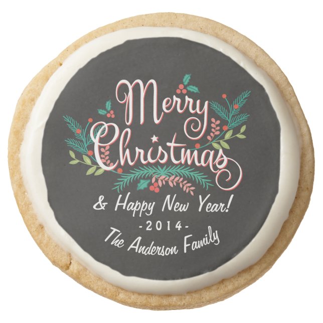 MERRY CHRISTMAS CHALKBOARD HOLLY AND BRANCHES ROUND SHORTBREAD COOKIE (Front)