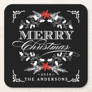 Merry Christmas Chalkboard Holly Wreath Typography Square Paper Coaster