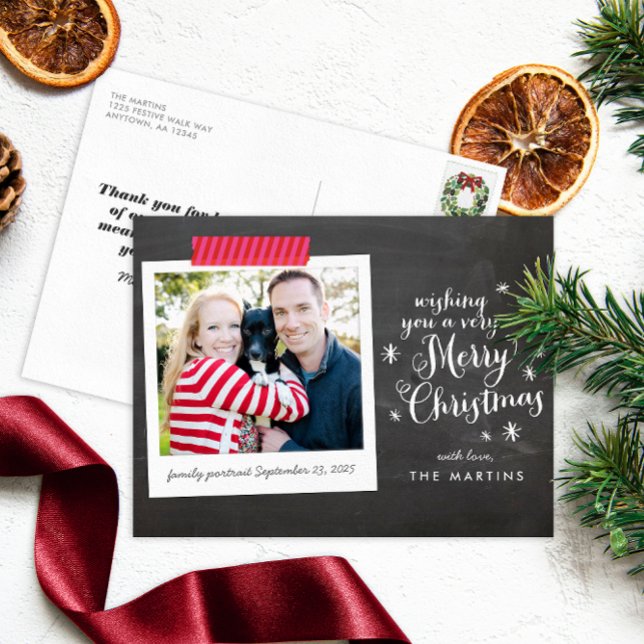 Merry Christmas Chalkboard Lettering Style Holiday Postcard (Whimsical chalkboard lettering and striped Washi tape style instant photo frame holiday postcard)
