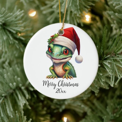 Merry Christmas Chameleon Santa Hat Holly Custom Ceramic Ornament