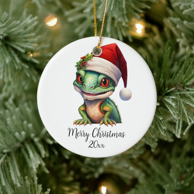Merry Christmas Chameleon Santa Hat Holly Custom Ceramic Ornament (Tree)