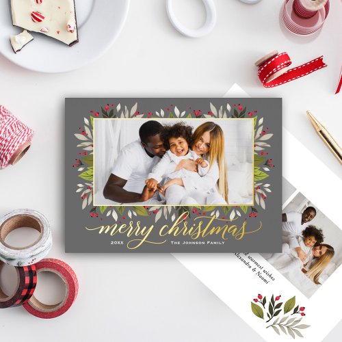 Merry Christmas Charcoal Gold Elegant Script Foil Holiday Card