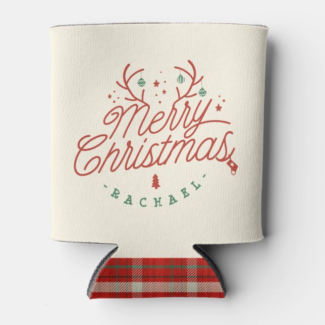 Merry Christmas Check Plaid Personalized Reindeer Can Cooler (Front)