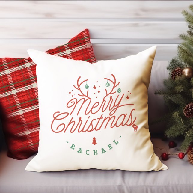 Merry Christmas Check Plaid Personalized Reindeer Throw Pillow (Merry Christmas Check Plaid Personalized Reindeer Throw Pillow)