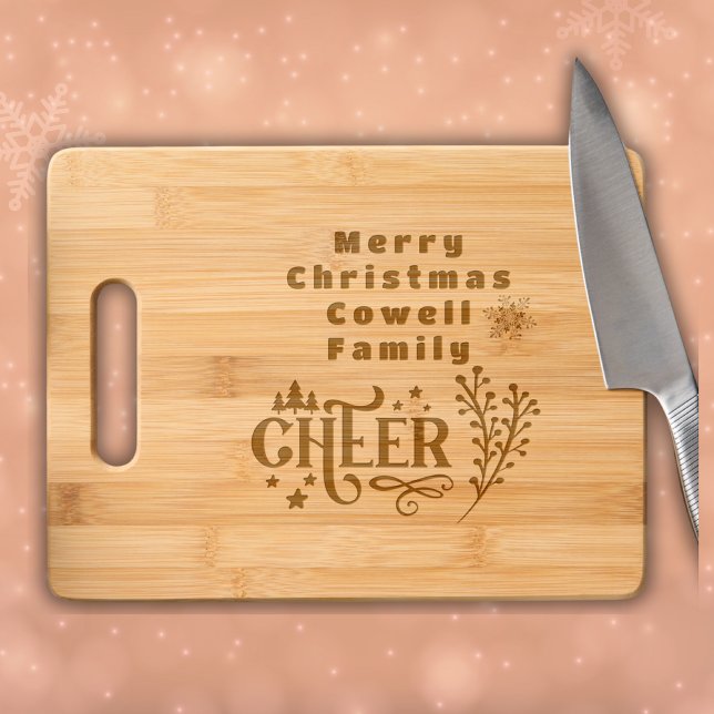 Merry Christmas Cheer Family Name Monogram etched Engraved Cutting Board (Creator Uploaded)
