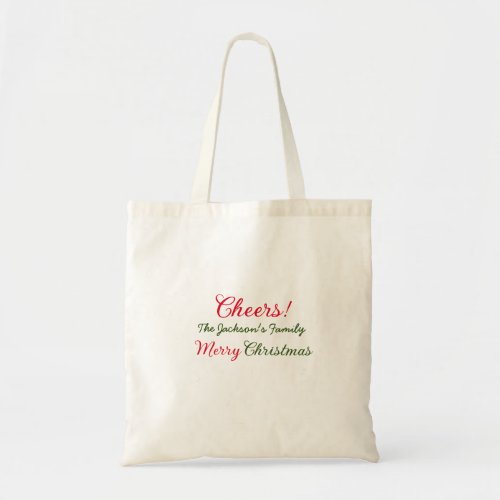 merry christmas cheers add family name text photo  tote bag