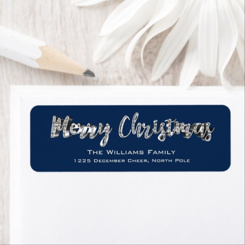 Merry Christmas Chic Blue and Silver Gray Script Label