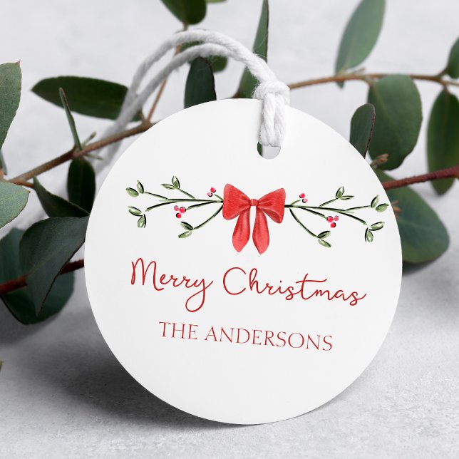 Merry Christmas Chic Coquette Red Bow Personalized Favor Tags (Spread holiday cheer with these festive, custom gift tags featuring a red bow, and holly accents.)