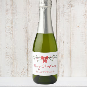 Merry Christmas Chic Coquette Red Bow Personalized Sparkling Wine Label