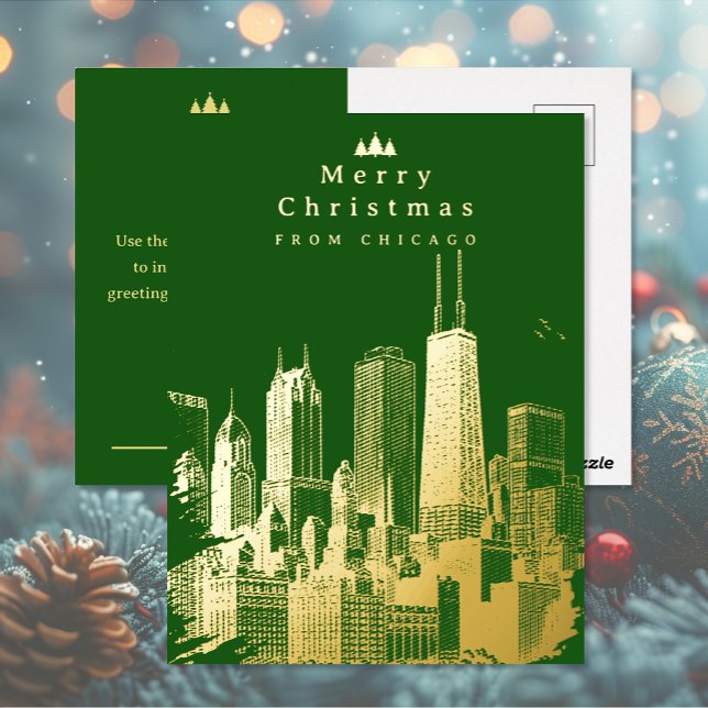 Merry Christmas Chicago Green Foil Post Card (Merry Christmas Chicago Green Foil Post Card (front and back))