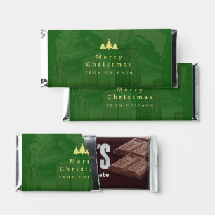 Merry Christmas Chicago Green Personalized Hershey Bar Favors