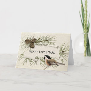 Merry Christmas Chickadee Bird Pinecone Scroll Holiday Card