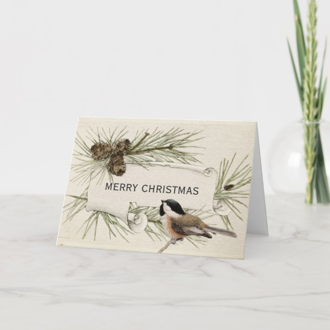 Merry Christmas Chickadee Bird Pinecone Scroll Holiday Card (Front)