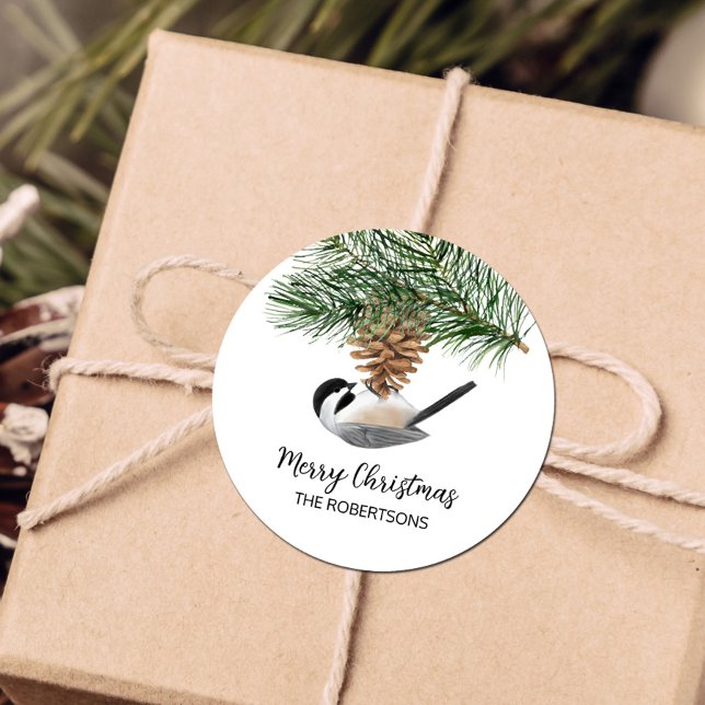 Merry Christmas Chickadee on Pinecone  Classic Round Sticker (Creator Uploaded)