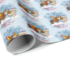 Merry Christmas Chicken and Rooster at North Pole Wrapping Paper 