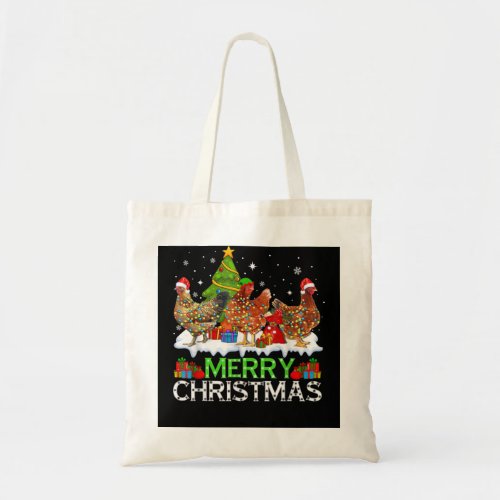Merry Christmas Chicken ELF Santa Hat Lights Funny Tote Bag