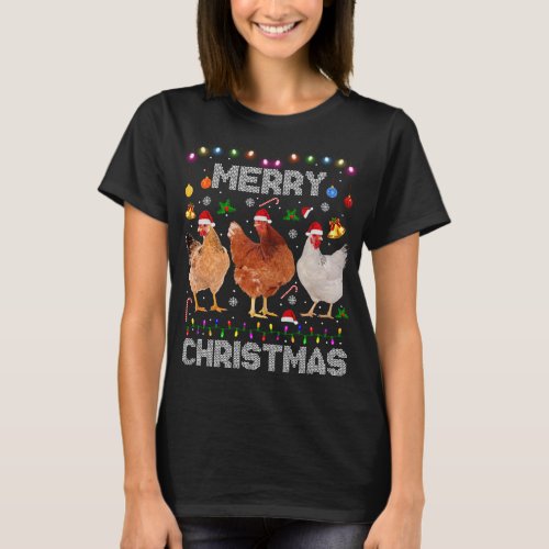 Merry Christmas Chicken Santa Hat Lights Xmas Farm T_Shirt