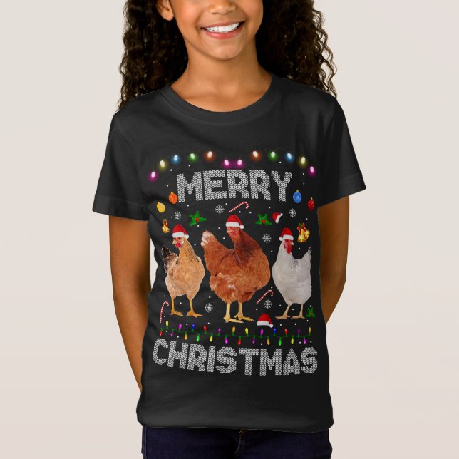 Merry Christmas Chicken Santa Hat Lights Xmas Farm T-Shirt (Front)