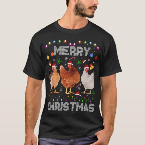 Merry Christmas Chicken Santa Hat Lights Xmas Farm T_Shirt