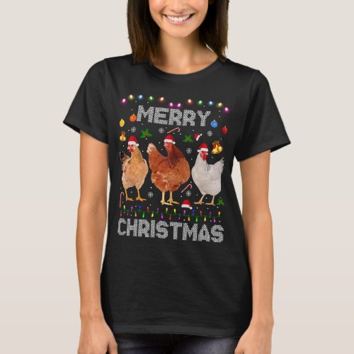 Merry Christmas Chicken Santa Hat Lights Xmas Farm T_Shirt