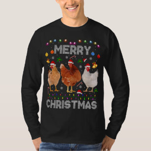 Merry Christmas Chicken Santa Hat Lights Xmas Farm T-Shirt