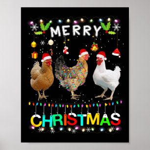 Merry Christmas Chicken Santa Hat Lights Xmas Fun Poster