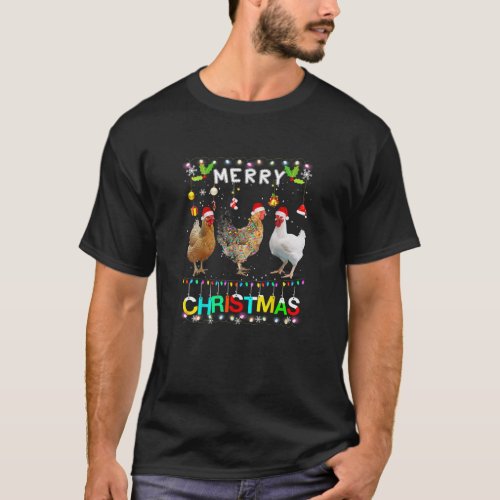 Merry Christmas Chicken Santa Hat Lights Xmas Funn T_Shirt