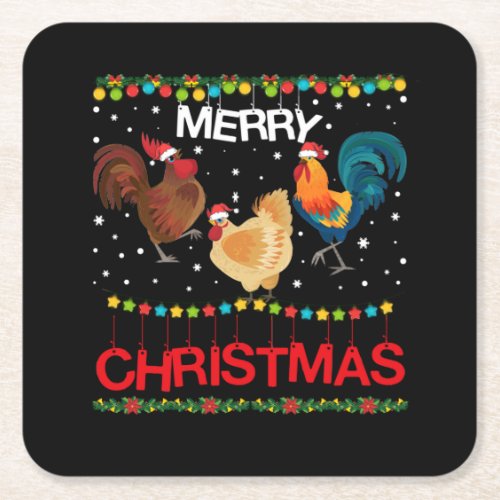 Merry Christmas Chicken Santa Hat Lights Xmas Square Paper Coaster