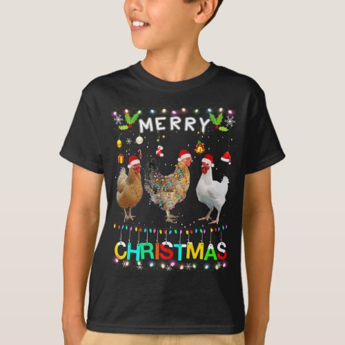 Merry Christmas Chicken Shirt Santa Hat Lights