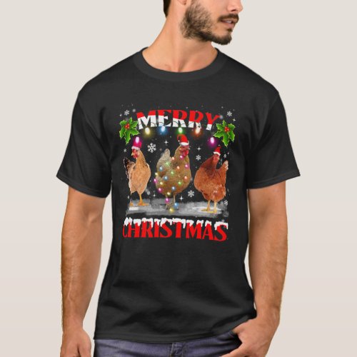 Merry Christmas Chicken Shirt Santa Hat Lights Xma