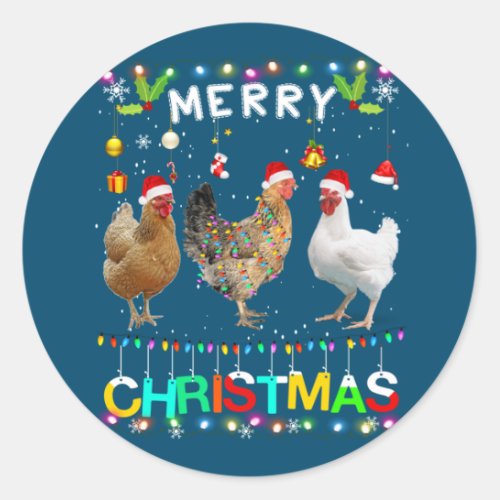 Merry Christmas Chicken Shirt Santa Hat Lights Xma Classic Round Sticker