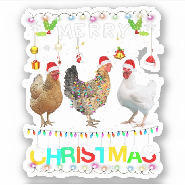Merry Christmas Chicken Shirt Santa Hat Lights Xma Sticker (Front)