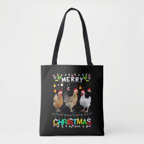 Merry Christmas Chicken Shirt Santa Hat Lights Xma Tote Bag