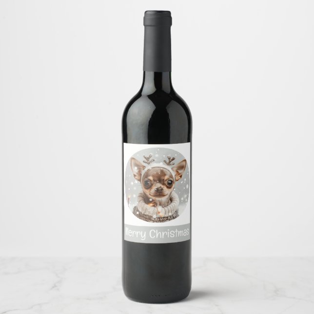 Merry Christmas Chihuahua Reindeer Dog Wine Label (Front)
