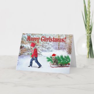 Merry Christmas Child and Cat / Bringing Home Tree