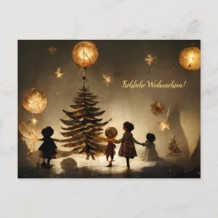Merry Christmas. Children dance around trees Postcard