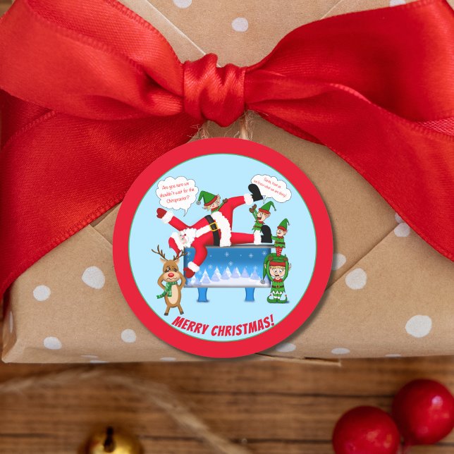 Merry Christmas Chiropractor Santa & Elves Client Classic Round Sticker (Creator Uploaded)