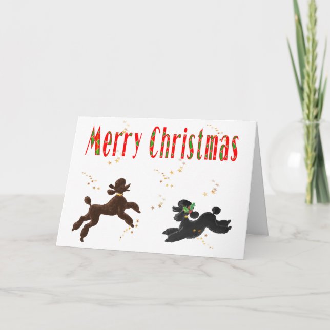 Merry Christmas Chocolate & Black Poodles Playing Holiday Card (Front)
