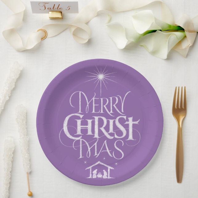 Merry Christmas Christian Calligraphy Chalk Purple Paper Plates (Wedding)