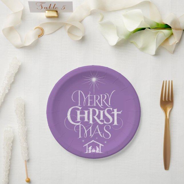 Merry Christmas Christian Calligraphy Chalk Purple Paper Plates (Wedding)