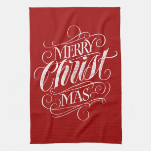 Merry CHRISTmas Christian Calligraphy Chalk Red Kitchen Towel