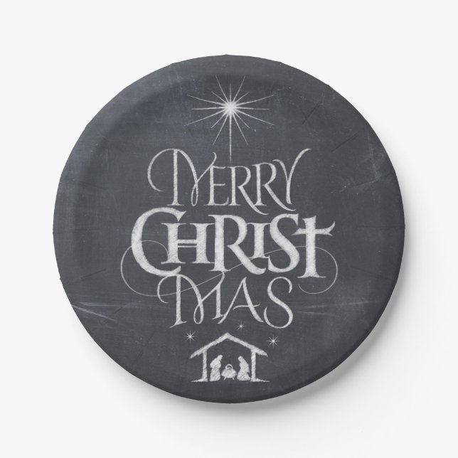 Merry Christmas Christian Calligraphy Chalkboard Paper Plates (Front)
