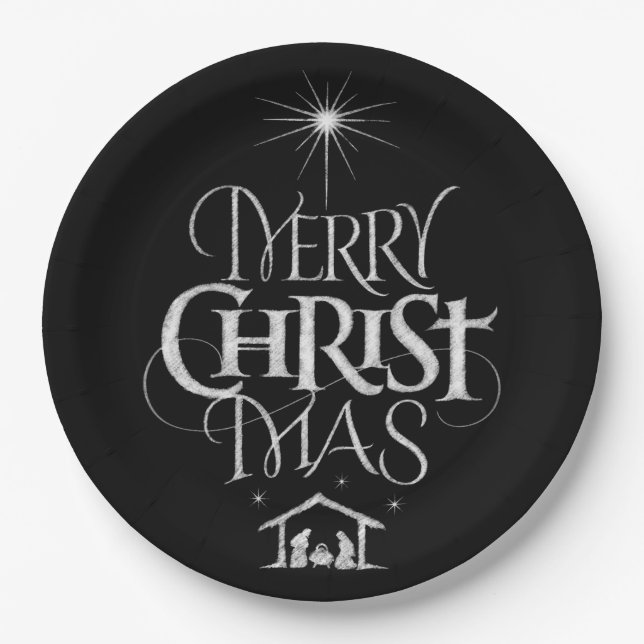 Merry Christmas Christian Calligraphy Chalkboard Paper Plates (Front)