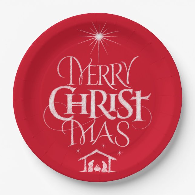 Merry Christmas Christian Calligraphy Jesus Red Paper Plates (Front)