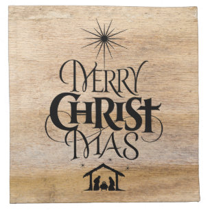 Merry Christmas Christian Calligraphy Rustic Wood Cloth Napkin